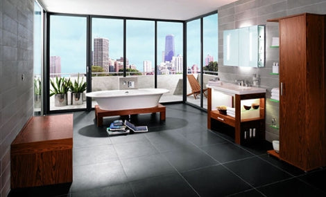 large, luxurious bathroom with freestanding tub, dark tile, cherry wood accents, downtown view... Beautiful Bathroom Inspiration: Big City Style