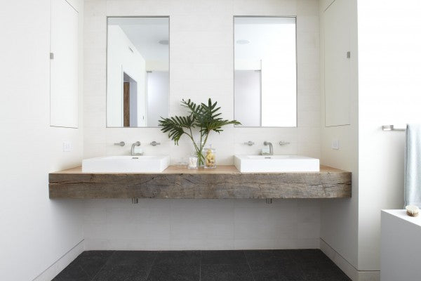 white master bathroom with modern square sinks and reclaimed wood vanity top... Beautiful Bathroom Inspiration: Contemporary Rustic Design from Bathroom Bliss by Rotator Rod