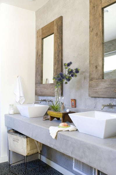 modern rustic bathroom with stone vanity top, wooden framed mirrors... Beautiful Bathroom Inspiration: Contemporary Rustic Design from Bathroom Bliss by Rotator Rod