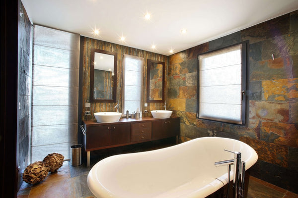 large modern rustic master bathroom with freestanding bathtub and slate walls... Beautiful Bathroom Inspiration: Contemporary Rustic Design from Bathroom Bliss by Rotator Rod