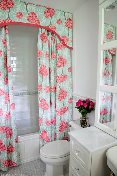 white bathroom with bright pink and blue flower valance with double shower curtains... Beautiful Bathroom Inspiration: Contemporary Shower Curtain Ideas from Bathroom Bliss by Rotator Rod