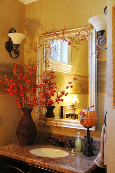 beautiful fall bathroom decor with pumpkin, flowers, and fall garland above mirror... Beautiful Bathroom Inspiration: Fall Decorating Ideas from Bathroom Bliss by Rotator Rod