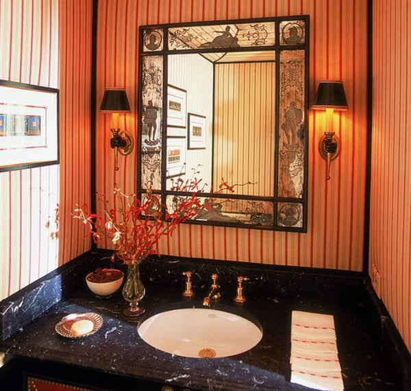 orange striped bathroom with dark marble vanity... Beautiful Bathroom Inspiration: Fall Decorating Ideas from Bathroom Bliss by Rotator Rod