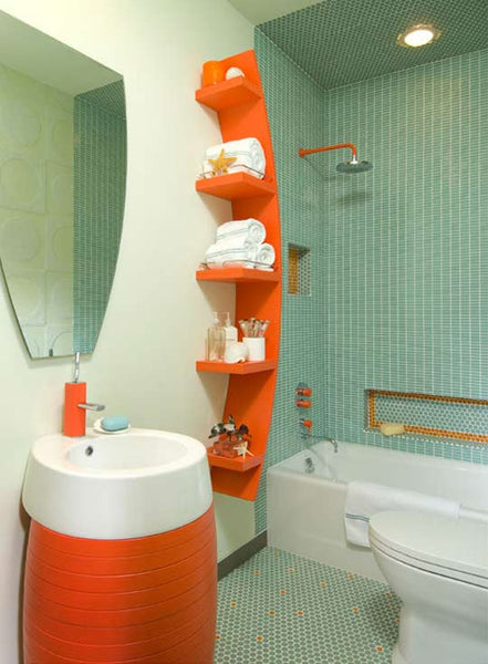 small modern bathroom with soft blue glass tile and bright orange bathroom shelving and accessories... Beautiful Bathroom Inspiration: Orange Bathrooms from The Bathroom Bliss Blog by Rotator Rod, the original curved shower rod that rotates!