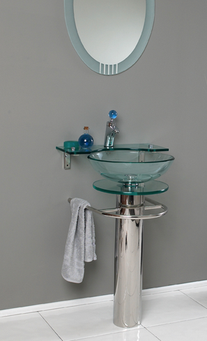 modern silver and glass bathroom vanity with glass vessel sink... Hottest Space-Saving Bathroom Trends for 2015 from The Bathroom Bliss Blog