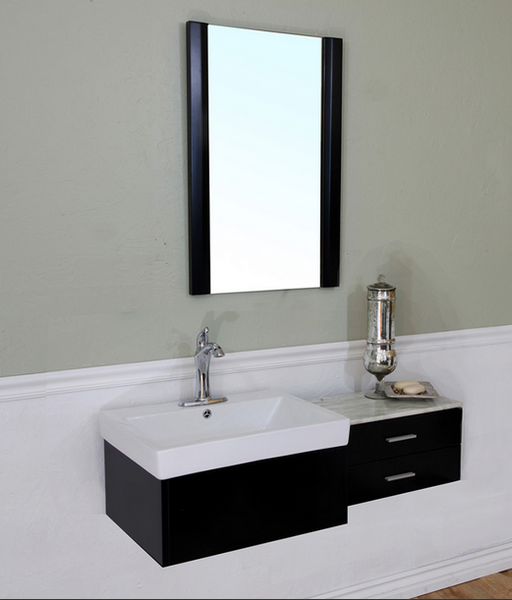 dark floating vanity with square white porcelain sink and matching mirror... Hottest Space-Saving Bathroom Trends for 2015 from The Bathroom Bliss Blog