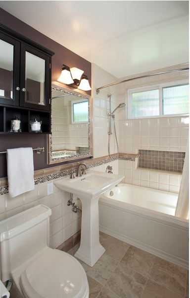 white and dark purple bathroom with silver accents... Hottest Space-Saving Bathroom Trends for 2015 from The Bathroom Bliss Blog