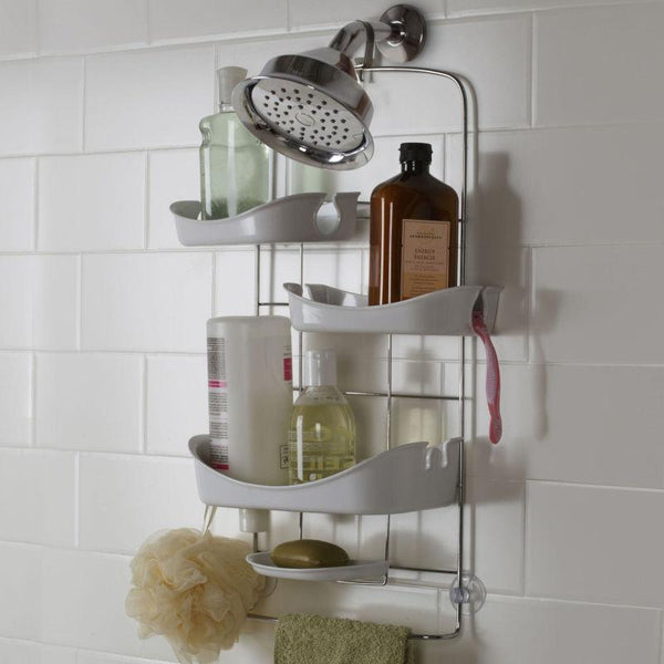 a guest bathroom shower caddy full of shower products... Prepare for Holiday House Guests with a Well Stocked Guest Bathroom from The Bathroom Bliss Blog by Rotator Rod