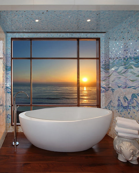 gorgeous blue and white mosaic bathroom with oversized tub and view of the ocean at sunset... Inspiration in Rotation: Summer-Inspired Bathrooms from Bathroom Bliss by Rotator Rod