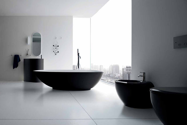 sleek black and white bathroom with a city view... Modern Bathroom Inspiration from Bathroom Bliss by Rotator Rod 