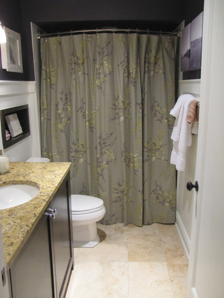 lovely purple bathroom with embroidered floral shower curtain on a curved shower rod... Quick Fix Bathroom Ideas: Expand Shower Space Easily with a Curved Shower Rod from Bathroom Bliss by Rotator Rod