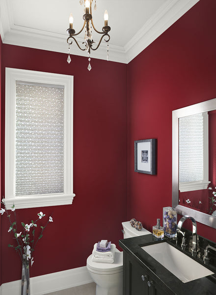 contemporary dark red bathroom with white accents, black bathroom cabinets, and small chandelier... Red Bathroom Inspiration from Bathroom Bliss by Rotator Rod