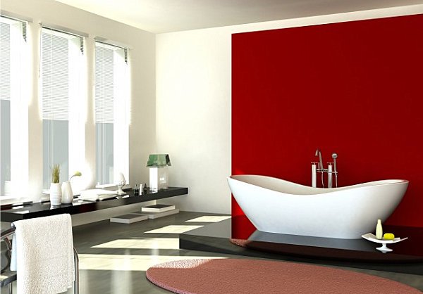 large modern white bathroom with freestanding white bathtub against red accent wall... Red Bathroom Inspiration from Bathroom Bliss by Rotator Rod