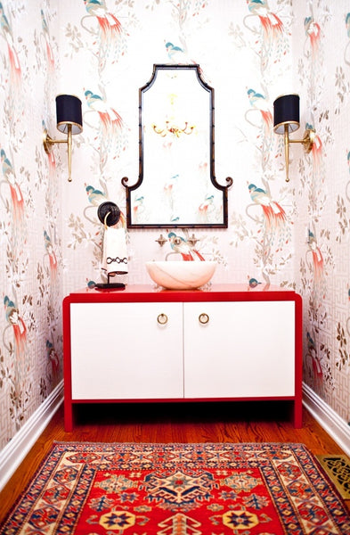 contemporary small bathroom with Asian wallpaper, red and white bathroom cabinet with marble vessel sink, oriental rug, sconces... Red Bathroom Inspiration from Bathroom Bliss by Rotator Rod