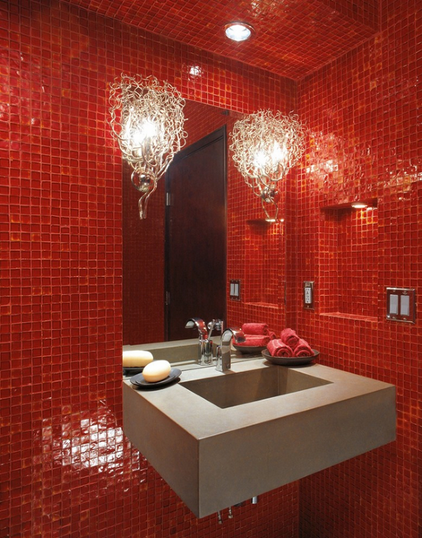 small bathroom with red tile, modern branch sconces, gray sink... Red Bathroom Inspiration from Bathroom Bliss by Rotator Rod