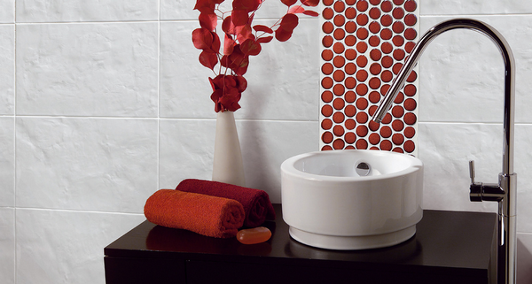 black, white, and red bathroom accessories with red circle accent tile... Red Bathroom Inspiration from Bathroom Bliss by Rotator Rod