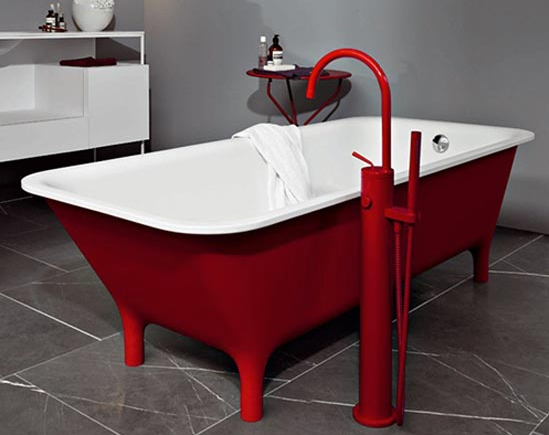 modern red and white claw foot bathtub with red faucet... Red Bathroom Inspiration from Bathroom Bliss by Rotator Rod