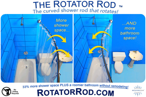 Rotator Rod, the Original Curved Shower Rod that Rotates for more room in the shower AND more room in your small bathroom!... small white bathroom with tropical accents and space-saving features... Space-Saving Bathroom Remodels featuring The Rotator Rod from Bathroom Bliss by Rotator Rod
