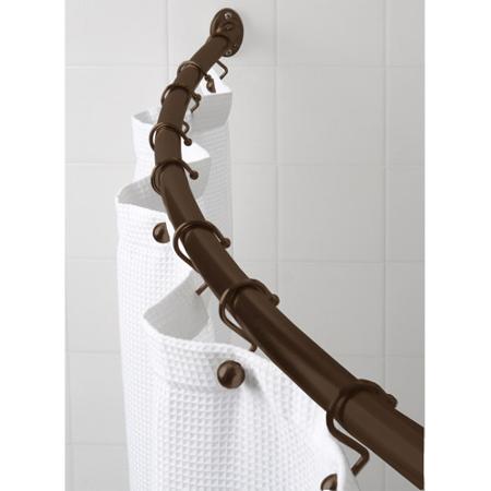 rubbed bronze curved shower curtain with white textured shower curtain... Should You Change Your Shower Rod for Winter? from Bathroom Bliss by Rotator Rod