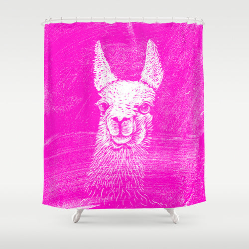 sassy-looking llama on a hot pink shower curtain... Shower Curtain Trends: Neon Colors Brighten Small Bathroom Space from Bathroom Bliss by Rotator Rod