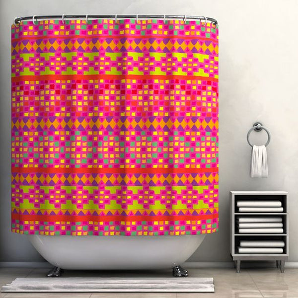 neon pink, yellow, purple, orange festival Native American pattern shower curtain... Shower Curtain Trends: Neon Colors Brighten Small Bathroom Space from Bathroom Bliss by Rotator Rod