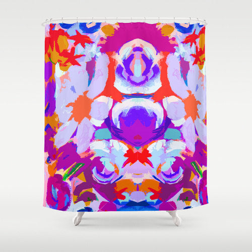 abstract flower shower curtain with neon orange and neon purple... Shower Curtain Trends: Neon Colors Brighten Small Bathroom Space from Bathroom Bliss by Rotator Rod