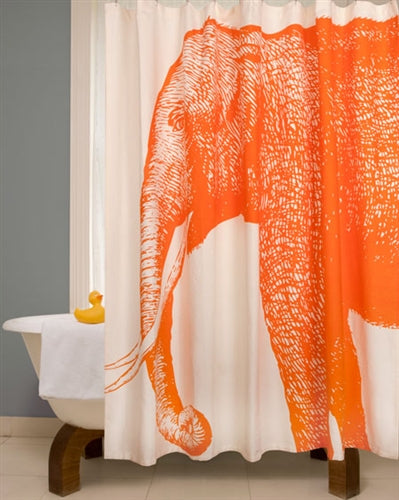neon orange elephant shower curtain with rubber ducky... Shower Curtain Trends: Neon Colors Brighten Small Bathroom Space from Bathroom Bliss by Rotator Rod