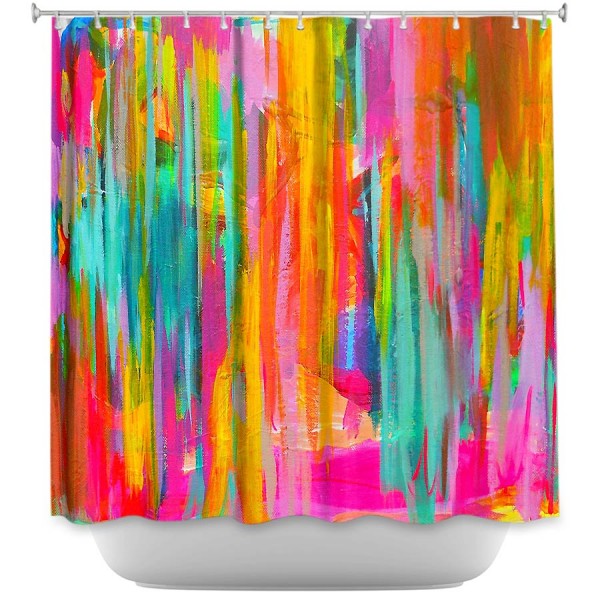 abstract neon painted shower curtain... Shower Curtain Trends: Neon Colors Brighten Small Bathroom Space from Bathroom Bliss by Rotator Rod