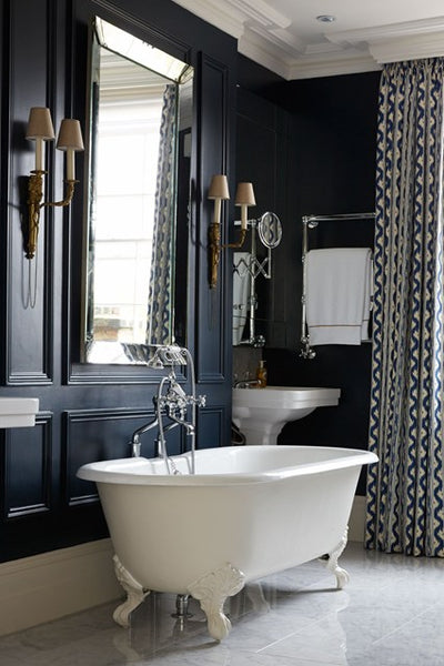 gorgeous bathroom with clawfoot bathtub, large mirror, drapes, beautiful light fixtures... Sleek & Sexy Black Bathroom Designs from Bathroom Bliss by Rotator Rod