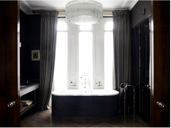 gorgeous masculine bathroom with freestanding bathtub, chandelier, and heavy drapes... Sleek & Sexy Black Bathroom Designs from Bathroom Bliss by Rotator Rod