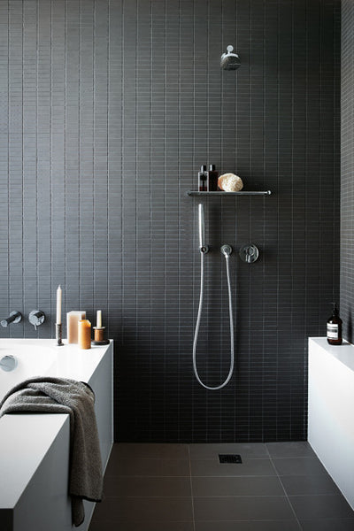 sleek modern bathroom with dark wall tile, shower, and bathtub... Sleek & Sexy Black Bathroom Designs from Bathroom Bliss by Rotator Rod