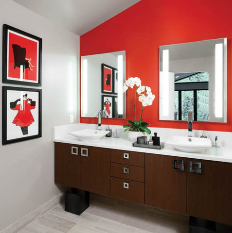 small red and white master bathroom with white orchids and artwork... Small Bathroom Chic: Artwork Brightens Bathroom Space from Bathroom Bliss by Rotator Rod