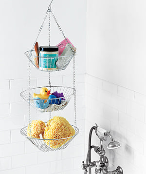 hanging fruit basket repurposed into a hanging shower organizer... Small Bathroom Chic: Space Saving Solutions from Bathroom Bliss by Rotator Rod