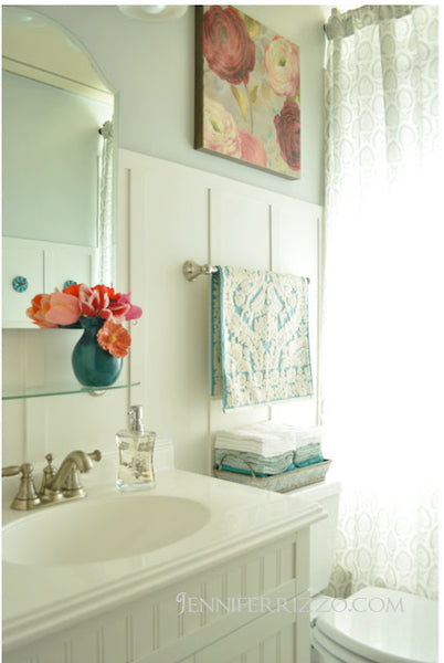 luxurious bathroom with towel storage, flowers, decorative containers... Small Bathroom Chic: Space Saving Solutions from Bathroom Bliss by Rotator Rod