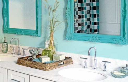 lovely light blue master bathroom with white accents and bright blue framed mirrors... Small Bathroom Ideas: Trendy Bathroom Mirror Updates from Bathroom Bliss by Rotator Rod