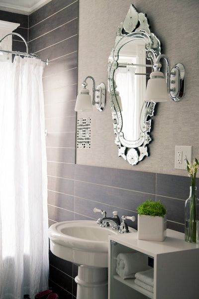 beautiful gray bathroom with Venetian mirror, white shower curtain, pedestal sink, gray subway tile... Small Bathroom Ideas: Trendy Bathroom Mirror Updates from Bathroom Bliss by Rotator Rod