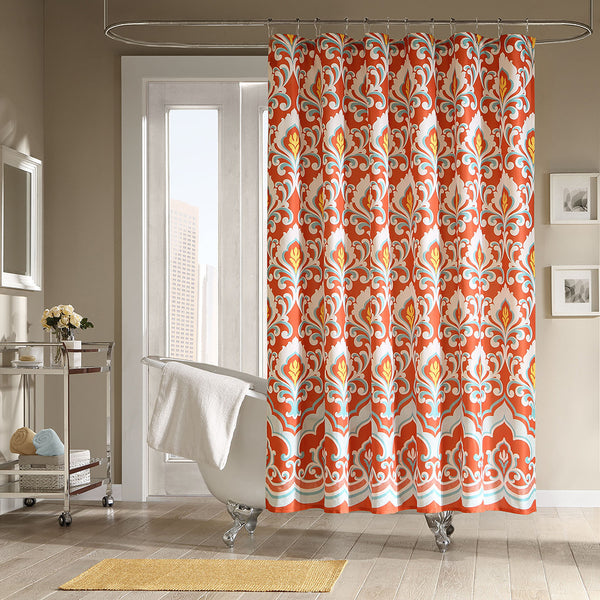 beautiful shower curtain with red and yellow abstract design... Sophisticated Fall Shower Curtains for Guest Bathrooms from The Bathroom Bliss Blog by Rotator Rod