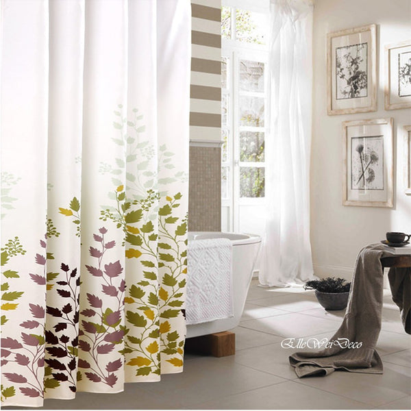 fall leaves shower curtain in white and gray bathroom... Sophisticated Fall Shower Curtains for Guest Bathrooms from The Bathroom Bliss Blog by Rotator Rod