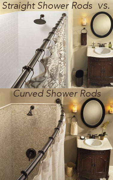 the difference between a straight shower rod and a curved shower rod... Expand Small Shower & Bathroom Space Easily with 1 Simple Upgrade: Rotator Rod, the curved shower rod that flips!