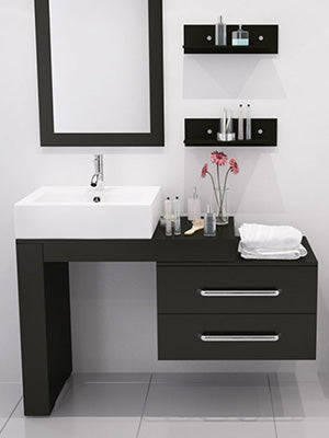small but beautiful white bathroom with black modern vanity, flowers... Tiny Bathroom, Big Ideas: 5 Space Saving Ideas for Small Bathrooms by Tradewinds Imports from The Bathroom Bliss Blog by Rotator Rod