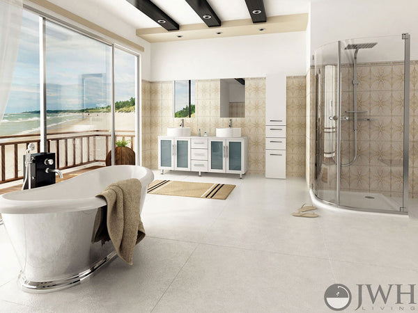 beautiful and spacious master bathroom with white vanity, silver tub, glass shower, and a view of the beach... Tiny Bathroom, Big Ideas: 5 Space Saving Ideas for Small Bathrooms by Tradewinds Imports from The Bathroom Bliss Blog by Rotator Rod