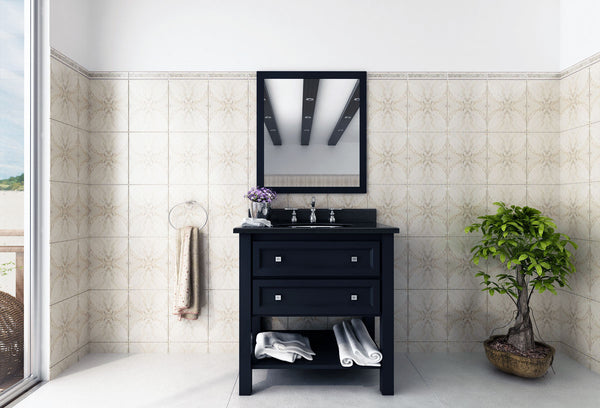lovely cream and white bathroom with black vanity, bonsai tree, and beautiful mirror... Tiny Bathroom, Big Ideas: 5 Space Saving Ideas for Small Bathrooms by Tradewinds Imports from The Bathroom Bliss Blog by Rotator Rod