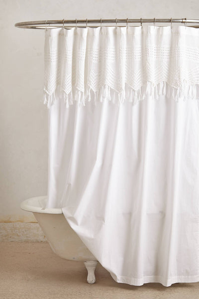 beautiful white bohemian shower curtain with macrame detailing... Trending in Bathroom Decor: Airy, White Shower Curtains from Bathroom Bliss by Rotator Rod