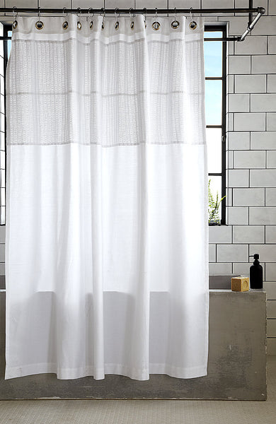 modern bathroom with gray bathtub, white subway tile, and billowing white shower curtain with detailing at top... Trending in Bathroom Decor: Airy, White Shower Curtains from Bathroom Bliss by Rotator Rod