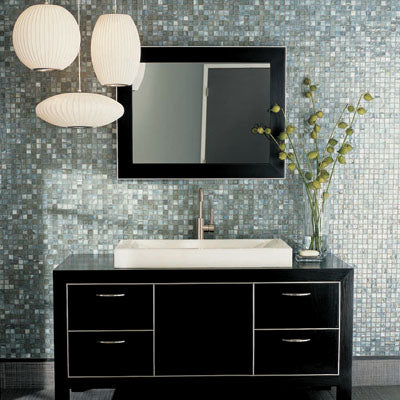 modern eclectic bathroom with glass mosaic wall, black vanity, hanging lights, plants... Trending in Bathroom Decor: Glass Tile from Bathroom Bliss by Rotator Rod