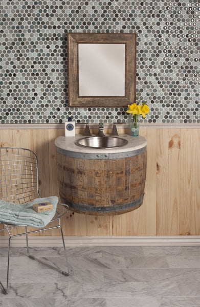 eclectic modern bathroom with round glass tile mosaic backsplash, rustic barrel vanity, wire chair... Trending in Bathroom Decor: Glass Tile from Bathroom Bliss by Rotator Rod