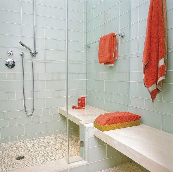 beautiful large white frosted glass subway tile shower with coral towels... Trending in Bathroom Decor: Glass Tile from Bathroom Bliss by Rotator Rod