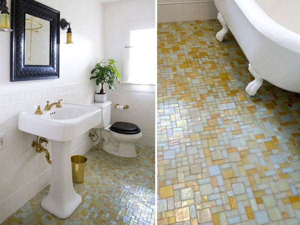 beautiful gold, blue, green, gray glass tile mosaic floor with white and brass accents... Trending in Bathroom Decor: Glass Tile from Bathroom Bliss by Rotator Rod