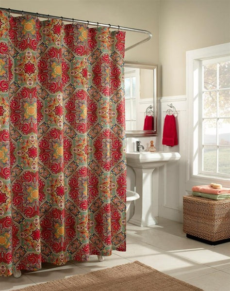 white bathroom with red and green Moroccan-inspired quatrefoil shower curtain... Trending in Bathroom Decor: Quatrefoil Shower Curtains from Bathroom Bliss by Rotator Rod