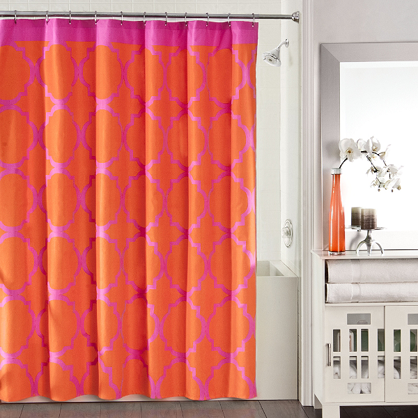 white bathroom with an orchid and a bold pink and orange quatrefoil shower curtain... Trending in Bathroom Decor: Quatrefoil Shower Curtains from Bathroom Bliss by Rotator Rod